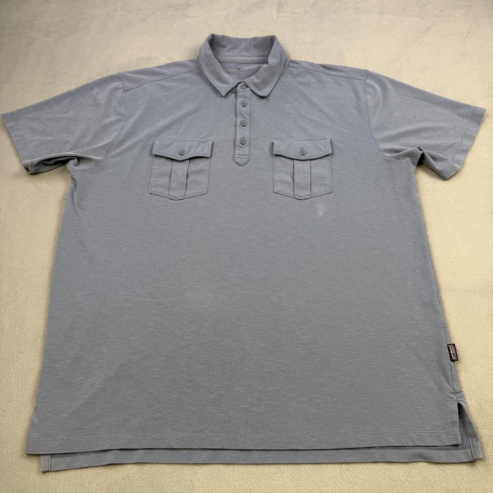 Patagonia Polo Shirt Mens Large Blue Solid Double Pocket Hiking Performance